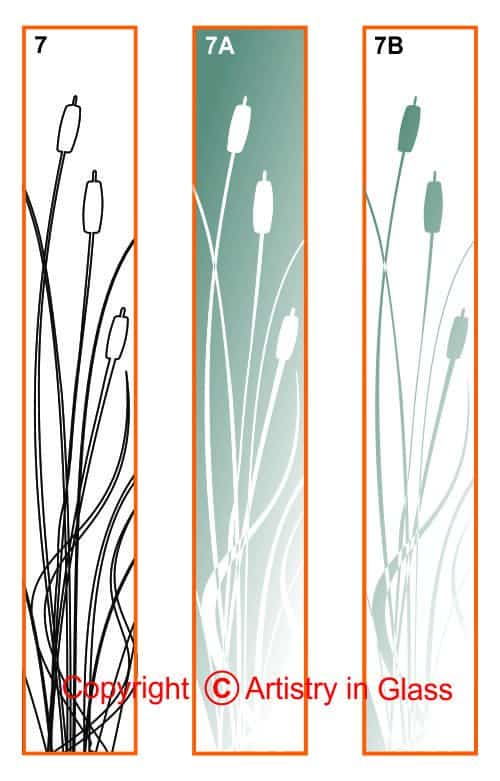 etched cat-tails sidelite showing line drawing (left), clear background (center) & frosted background (right)
