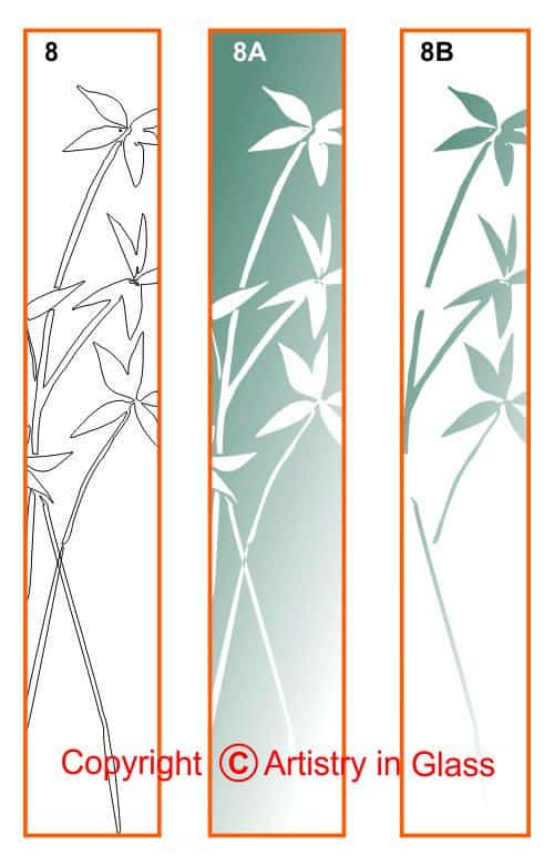 etched bamboo sidelite showing line drawing (left), clear background (center) & frosted background (right)