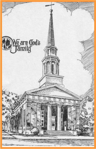 Line art drawing of traditional Baptist church