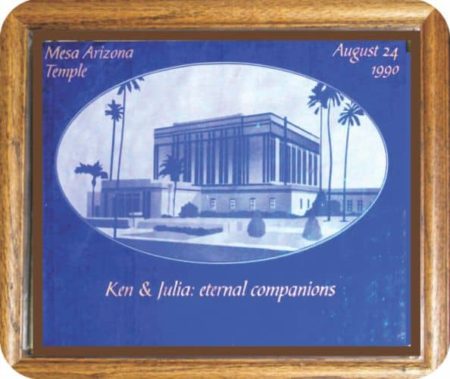 Etched rendering of LDS Temple Mesa Arizona on cobalt blue art glass