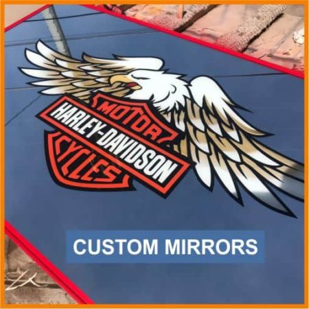 custom painted mirror with harley davidson logo