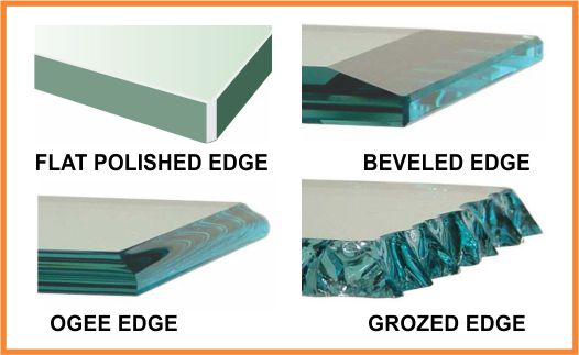 Edge types of glass showing polished, Ogee, beveled and grozed edges