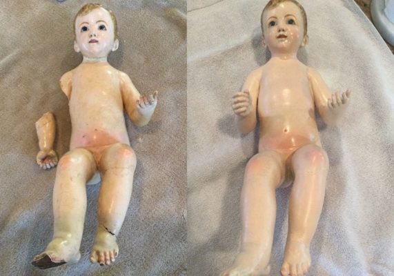 Wooden figurine before and after repair