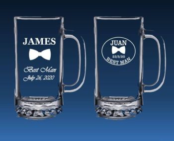 Best man beer mugs with bow-tie etching