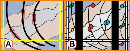 Geological strata with faults inspire stained glass panel