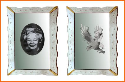 Etched portrait & eagle on mirror