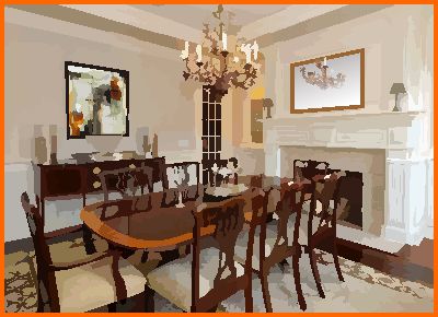 Formal dining room with mirror over the fireplace
