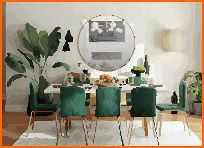 Round mirror over modern dining table