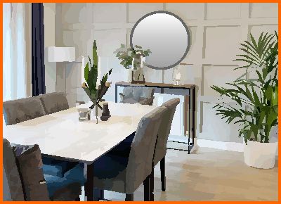 Modern round mirror at the head of dining table