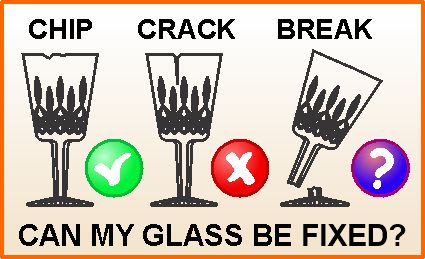 Waterford crystal Lismore pattern wine glass showing 3 types of damage to a glass