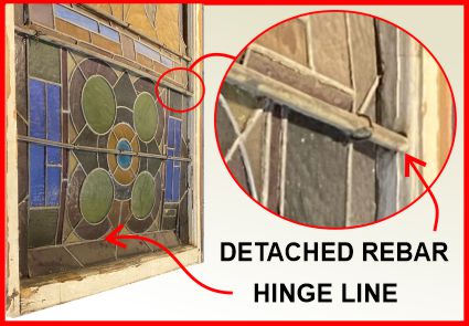 Detached rebar results in sagging stained glass
