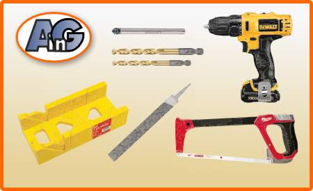 Tools for shower install, drill & hacksaw