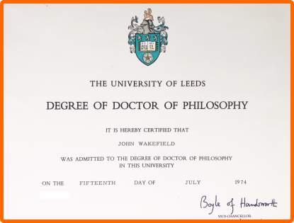 John Wakefield's Ph.D. certificate