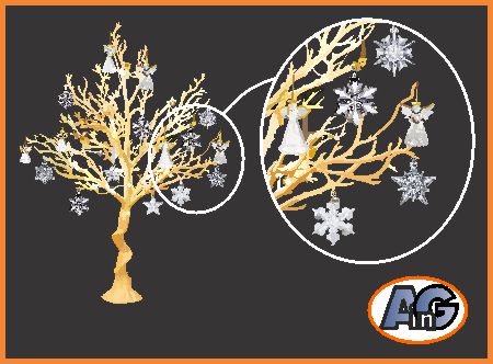 Synthetic manzanita tree with annual ornaments and glass angels