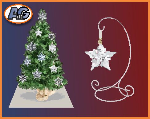 Swarovski annual ornaments displayed on a Christmas tree and on a metal stand