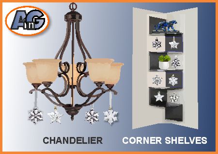 Display annual ornaments hanging from a chandelier or on corner shelves