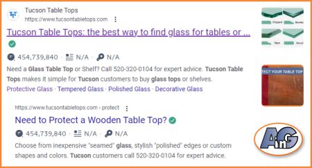 Search Engine Results Page (SERP) for the Google search "glass tabletops Tucson: