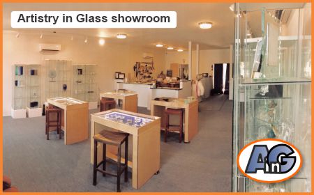 Artistry in Glass showroom with lighted display cases