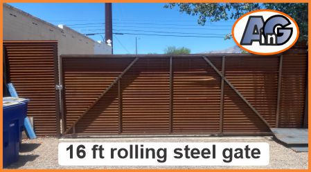 16 ft wide rolling steel gate secures the yard